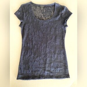 Ann Taylor Casual Sheer Short Sleeve Lace Top Size S Navy Blue